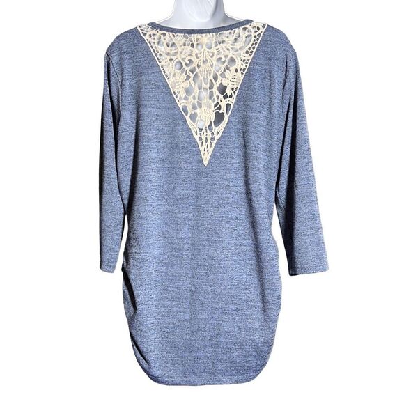 Heather Blue Tunic/Top w/ Crochet Lace Back Detail – Soft Stretch – See Measurem - Picture 2 of 5